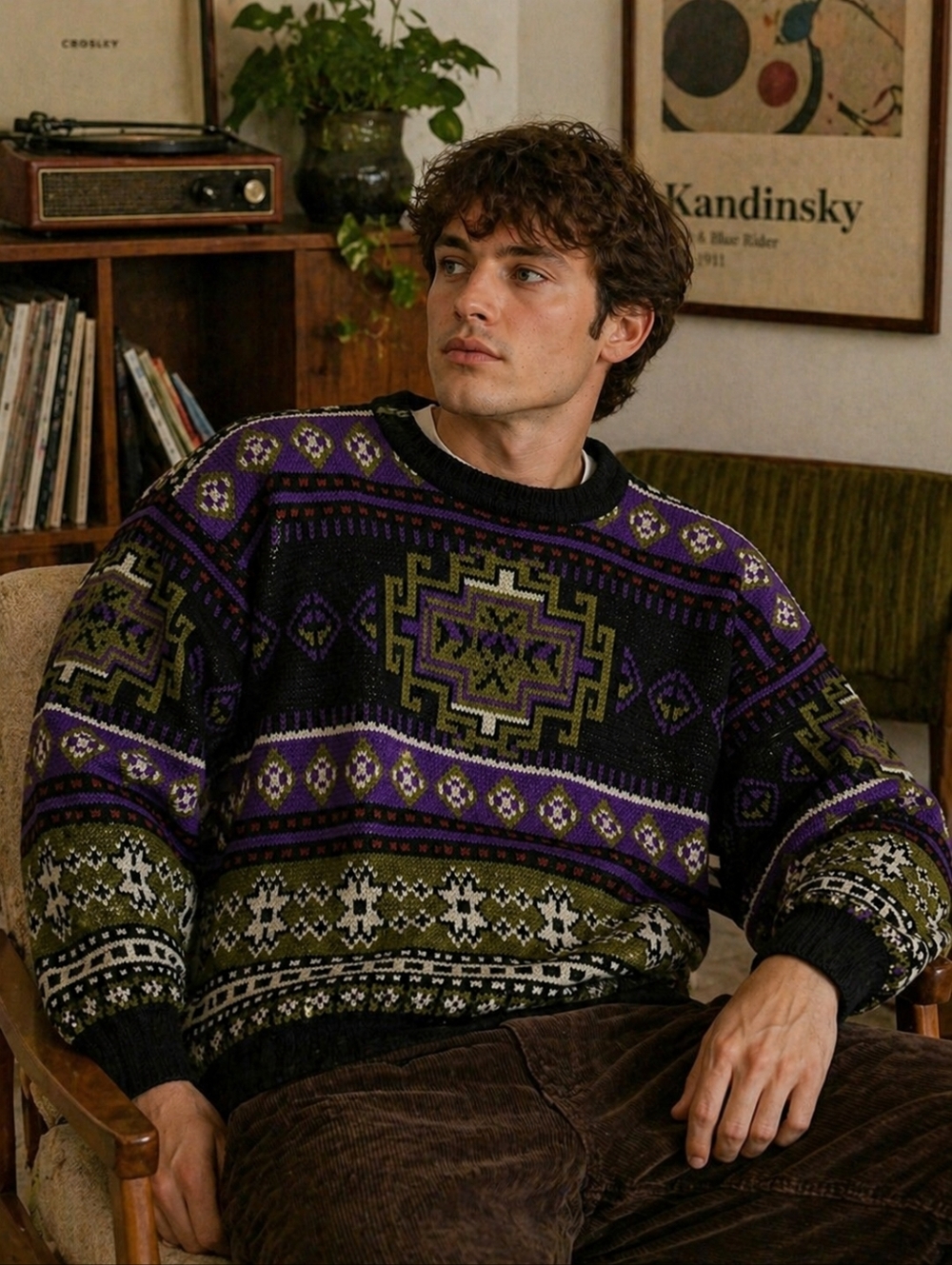 TODAYS NEWS Sweater Mens Large Black Purple Green Vintage Aztec Grandpa 90s